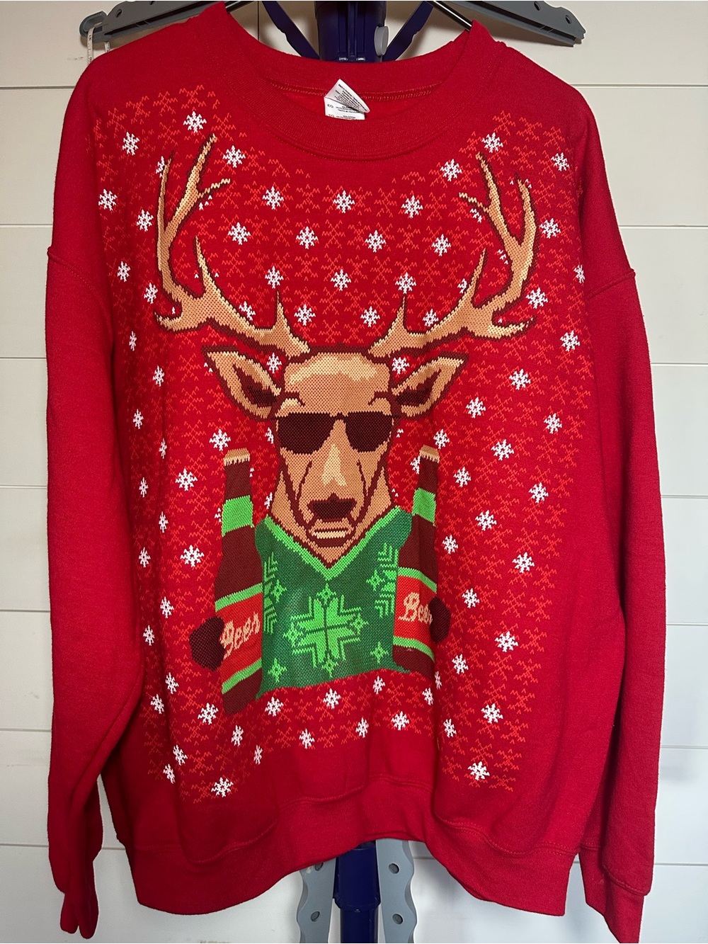 #98 Red Crewneck Reindeer Graphic Sweater with Green & Brown Accents